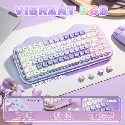 YUNZII C75 Wireless Mechanical Keyboard,75% Layout, Hot-Swappable NKRO,BT5.0/2.4G/USB-C Mode,Dye-Sub PBT MOA Keycaps,RGB Gasket Mount,Cute Cake Design for Mac/Win/Gaming (Purple, Candy Switch) - color: Purple, size: Candy Switch