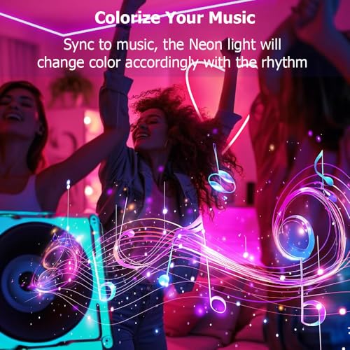 16.4ft LED Neon Rope Lights, RGB Plus IC Strip Lights, IP68 Waterproof Flexible Rope Light with APP and Remote Control, Dimmable Neon Strip for Gaming Room Living Room Bedroom Indoor Outdoor Decor