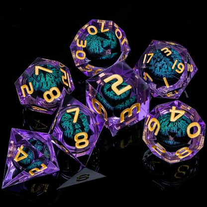 ARUOHHA Dragon Eye DND Dice, Purple Green Resin Sharp Edged Dice Set RPG Role Playing Game, Liquid Core Polyhedral D and D Dice Set D20 D12 D10 D8 D6 D4 - color: Ly03-purple