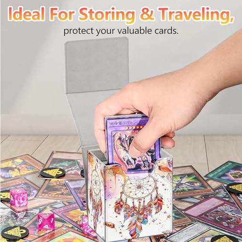 Card Deck Box, Card Storage Box Fits 100+ Single Sleeved Cards, Large Capacity PU Leather Card Storage Box with Strong Magnet for Magic Commander TCG CCG, Dreamcatcher Feathers Beads - color: Dreamcatcher Feathers Beads