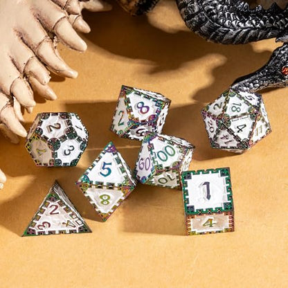UDIXI Metal DND Dice Set Polyhedral Metal Dice Set D&D for Tabletop Games | 7-Pieces, Dragon Carved, Chain-edge Design, Metal Gift Box, DM Gift, for Dungeons and Dragons Role Playing Games - color: Chain Frame-colorful White