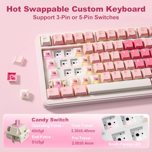 YUNZII B75 PRO MAX QMK/VIA Wireless Mechanical Keyboard | 75% Layout with Screen and Knob, Custom Hot Swap, Gasket, Creamy Switches, for Win/Mac (Pink Heart,Candy Switch) - color: Pink Heart, size: Candy Switch