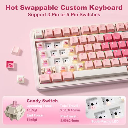 YUNZII B75 PRO MAX QMK/VIA Wireless Mechanical Keyboard | 75% Layout with Screen and Knob, Custom Hot Swap, Gasket, Creamy Switches, for Win/Mac (Pink Heart,Candy Switch) - color: Pink Heart, size: Candy Switch