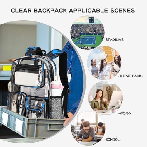 Large Clear Backpack Heavy Duty For Stadiums Events,16in TPU Blue BookBag | Large capacity See Through strong Plastic backpack Stitch Durable Design 6-Pocket For School carry Airport Quick Security - color: Blue