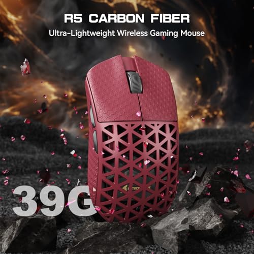 ATTACK SHARK R5Ultra 8K Carbon Fiber Wireless Gaming Mouse, Red&Tape | 42K DPI,PAW3950 MAX Sensor,39g Ultra-Lightweight,Nordic 52840 MCU Chip,Wired/BT/2.4GHz Wireless Programmable Mouse for PC/Mac - color: Red&Griptape
