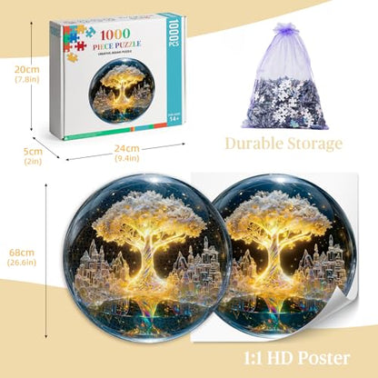1000 Piece Round Jigsaw Puzzle for Adults, Tree of Life in Crystal Ball 26.6in Difficult Impossible Puzzles with Letters on Back, Crystal-Style Aesthetic Art, Mindful Activity Gift for Adults - color: B-crystal Tree of Life