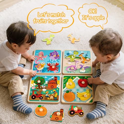 Wooden Toddler Puzzles - 4 Pcs Eco-Friendly Animal Patterns Jigsaw With Handles - Infant Kid Fine Motor Skill Learning Educational Montessori Toys for 1-3 Years Old - style: Style A
