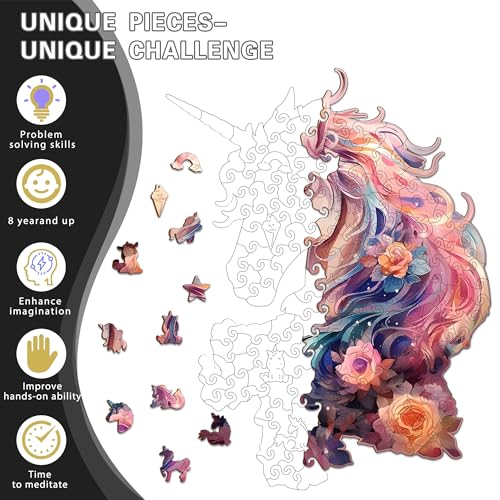 Wooden Jigsaw Puzzles for Adults, Unicorn Jigsaw Puzzles 165 Pieces, Unique Animal Shaped Wooden Puzzles for Adults and Kids, Family Game 11.1x9.58 Inch