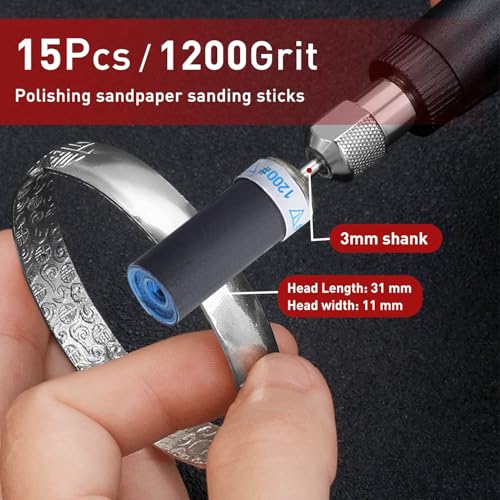1200 Grit Sanding Drums Sandpaper Sticks Set for Dremel Rotary Tool with 1/8" Shank,15 Pcs Sanding Drums Accessories Dry/Wet Abrasive Cylinders for Wood/Metal Rust Removal/Jade Polishing - size: 1200 Grit
