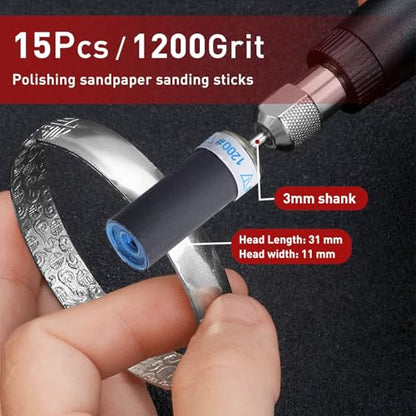 1200 Grit Sanding Drums Sandpaper Sticks Set for Dremel Rotary Tool with 1/8" Shank,15 Pcs Sanding Drums Accessories Dry/Wet Abrasive Cylinders for Wood/Metal Rust Removal/Jade Polishing - size: 1200 Grit