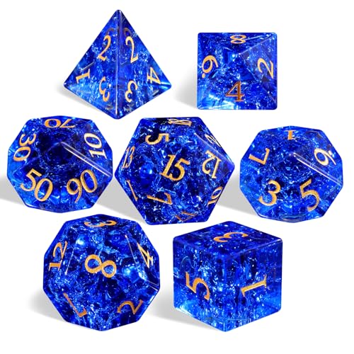 Natural Fluorescent Blue Dice Set, 7-Piece Handcrafted Polyhedral Dice with Gold Engraving, Ideal for D&D, RPG, MTG & Tabletop Games, Gift Box Included (Fluorescent Blue) - color: Fluorescent Blue