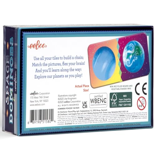 eeBoo Space Mini Dominoes Game - 28 Piece Planet Themed Set, Silver Holographic Foil Tiles, Tile Laying Matching Game, Screen-Free Fun, Kids Ages 3+ - style: Space
