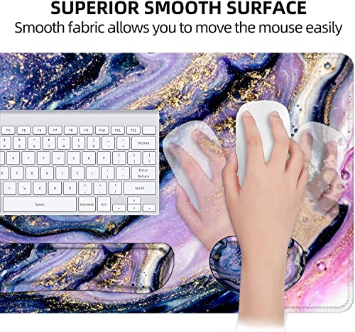 Large Mouse Pad with Wrist Rest, 4-in-1 Wrist Rest for Keyboard and Mouse | Non-Slip Waterproof Desk Mat Set, 35.4"x15.7" Desk Mat+Keyboard Wrist Rest+Mouse Wrist Support+Cup Coaster for Home Office - color: 4Pcs-Purple Marble