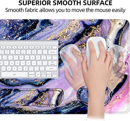 Large Mouse Pad with Wrist Rest, 4-in-1 Wrist Rest for Keyboard and Mouse | Non-Slip Waterproof Desk Mat Set, 35.4"x15.7" Desk Mat+Keyboard Wrist Rest+Mouse Wrist Support+Cup Coaster for Home Office - color: 4Pcs-Purple Marble