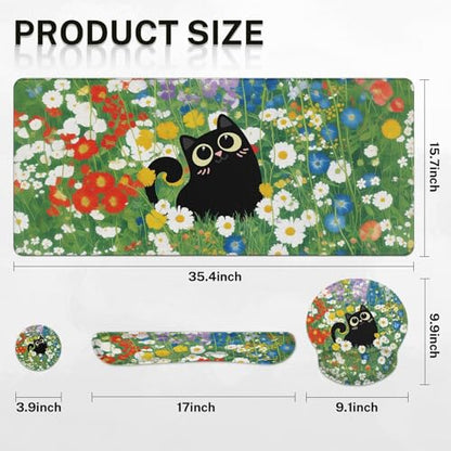Arttown Red White Blue Flower Desk Mat Cute Black Cat Mouse Pad Set 4 in 1 Ergonomic Design Large Desk Pad + Keyboard Wrist Rest + Mouse Wrist Rest + Coaster Suitable for Home Office Study Game - color: Black Cat