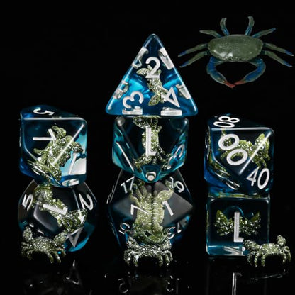 DND Resin Crab Dice Set, Red D&D Polyhedral Dice for Dungeons and Dragons RPG, MTG Role Playing Games D and D Dice 7pc D20 D12 D10 D8 D6 D4 for Ages 15 and Up - color: Green Crab