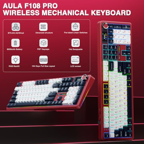 AULA F108 PRO - Wireless Mechanical Keyboard with Screen&Knob,Hot Swappable Gaming Keyboard with 8000mAh Battery,Pre-lubed Switches,RGB Backlit,PBT Keycaps Creamy Sounding Computer Keyboards,104 Keys - color: White&Red