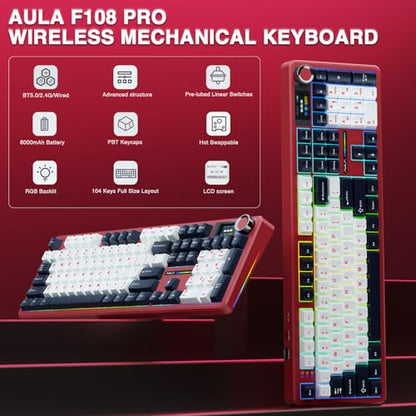 AULA F108 PRO - Wireless Mechanical Keyboard with Screen&Knob,Hot Swappable Gaming Keyboard with 8000mAh Battery,Pre-lubed Switches,RGB Backlit,PBT Keycaps Creamy Sounding Computer Keyboards,104 Keys - color: White&Red