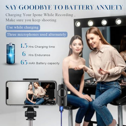 3 in 1 Wireless Lavalier Microphone for iPhone, iPad, Android, Camera,12-Hour Battery, mini Noise Reduction Recording Mic 2.4G Ultra-Low Delay, Creator Microphone/ TikTok/YouTube Live Stream( 3 Pack)