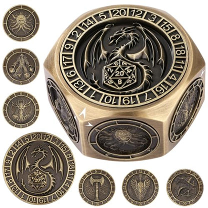 DND Spinner Dice, D&D Polyhedral Game Dice, 8 in 1 Metal Dice Set | 3D Hexagon Relief Design, D&D Spinner Dice, DND Gifts, MTG, Role Playing Board Game Accessories, with Gift Box, Bronze - color: Bronze