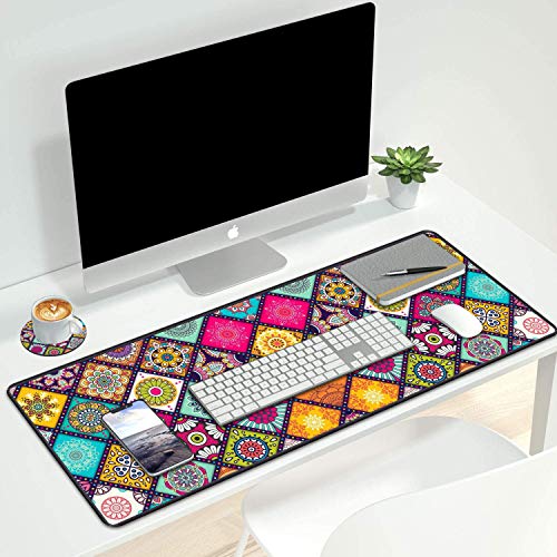 Desk Pad Mat Gaming Mouse Pads with Coasters Set, Stitched Edges Design Mouse Pad XXL Large Mouse Pad for Laptop Computers Flower Mandala Desk Writing Mat for Office & Home 31.5"x 11.8" - color: Flower Mandala