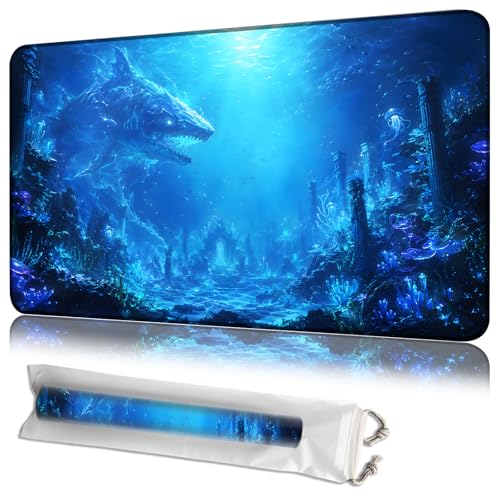 MTG Playmat with Storage Bag, 24 x 14 Inch Stitched Non Slip Rubber Trading Card Game Mat, 2mm Thick Tabletop Mat for Card Games, Blue Ocean Ruins