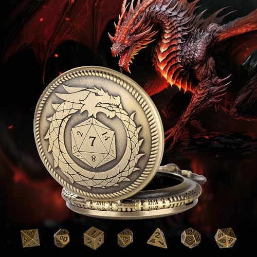 Mini D&D Dice Set with Bronze Steampunk Dragon Swallow Tail Pocket Watch Shell Case, DND Dice Bag, 7pcs Polyhedral Dice Set, Portable DND Starter Set, Board Games Accessories, RPG MTG Gifts - color: Dragon Swallow Tail