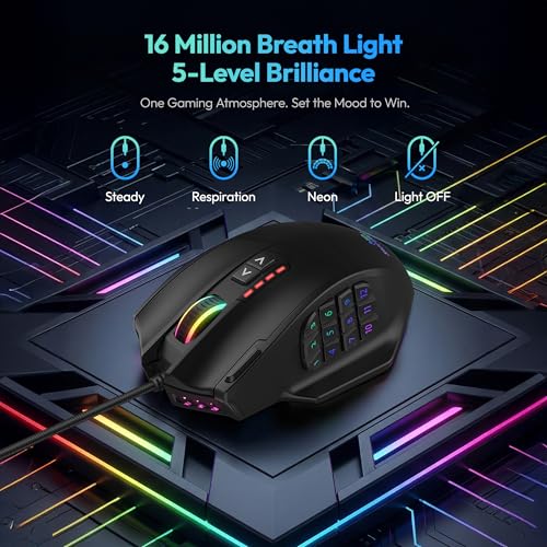 RED SAMURAI Wired MMO Gaming Mouse, 18 Programmable Buttons, 16400 DPI | 18 programmable macro buttons, 16400 DPI optical sensor, adjustable weights, ergonomic stable grip, RGB, MMO MOBA FPS.