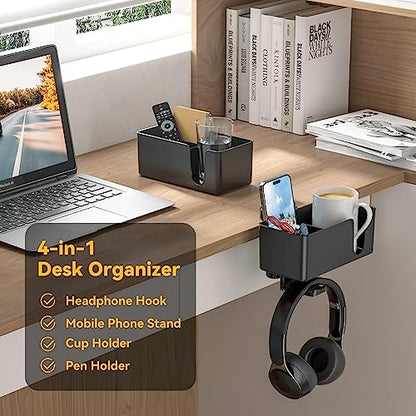 KDD 4 in 1 Desk Cup Holder - Clamp on Under Desk Headphone Hanger - Rotating Headphone Holder Detachable Pen Cup Holder Desktop Storage for Cup, Phone and Pen(Black) - color: Black