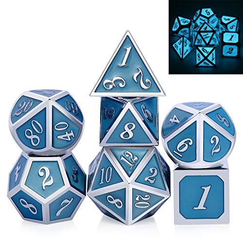 DnDnD Glowing DND Metal Dice Set,Luminous Blue Metal Dice for Role Playing Game Dungeons and Dragons RPGs and Other Table Games - color: Blue Glow in the Dark