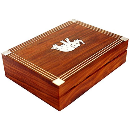 Wooden Double Deck Card Holder Box – Solid Wood Playing Card Storage Case for Poker & Bridge Decks (Elephant Inlay)