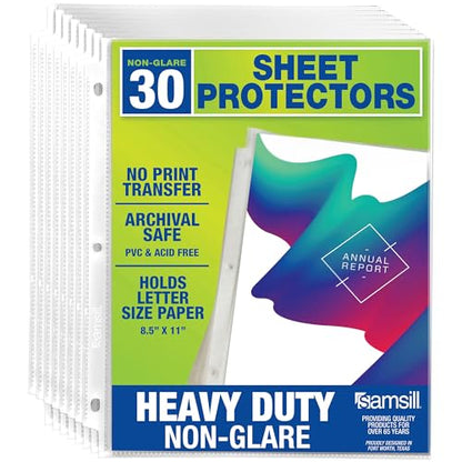 Samsill 30 Pack Heavy Duty Sheet Protectors, Non-Glare, 8.5x11 Inch Page Protectors for 3 Ring Binder, Letter Size Protectors, Reinforced Holes, Non-Glare Document Sleeve, Top Loading, Acid Free - size: 30 Pack, style: Non-Glare