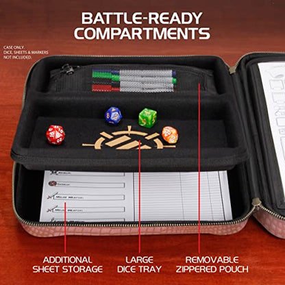 ENHANCE RPG Organizer Case - DnD Binder with Built-in Character Sheet Holder and Erasable Scribe Panel, Dice Rolling Area, Removable Pen Pouch, Miniature Foam Tray, Wrist Strap - color: Dragon Pink