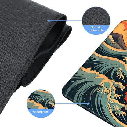 Wave Sea Dragon Gaming Mouse Pad,Anime Mouse Pad Gaming 31.5 x 11.8 in Mouse Mat Desk Pad,Extended Keyboard Pad Large Desk Mat Mousepad with Non-Slip Base and Stitched Edge for Home Office - color: Japanese Waves Sea Dragon