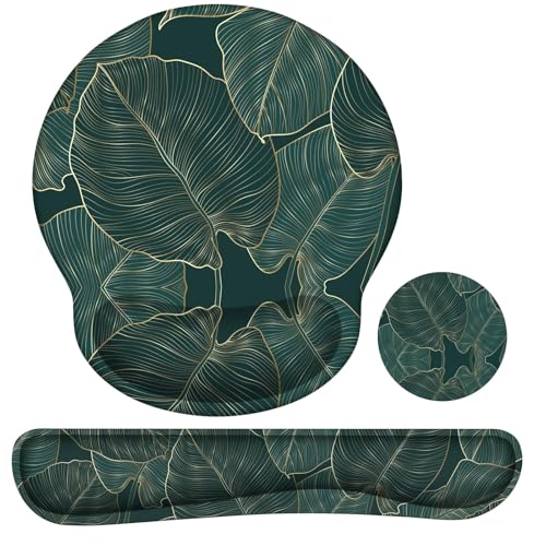 iLeadon Ergonomic Mouse Pad with Wrist Support, Green Leaves Desk Mat Set | Easy Typing & Pain Relief, Keyboard Wrist Rest and Mouse Pad Set with Non-Slip Base for Computer Home - color: Green Leaves