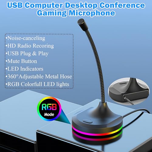 USB Computer Microphone with Mute Button and RGB Lighting,Plug&Play Mic for Conference,Gaming,YouTube,Desktop PC Mic for Mac/Window-Black-Black(M7)