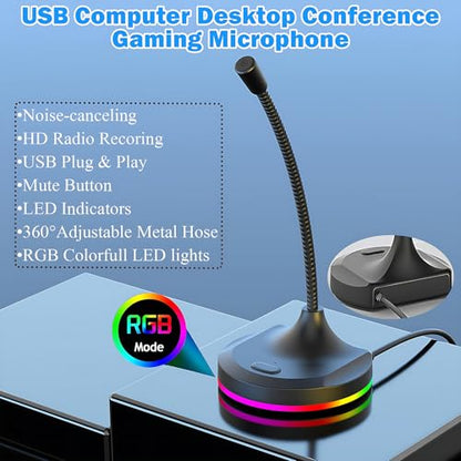 USB Computer Microphone with Mute Button and RGB Lighting,Plug&Play Mic for Conference,Gaming,YouTube,Desktop PC Mic for Mac/Window-Black-Black(M7)