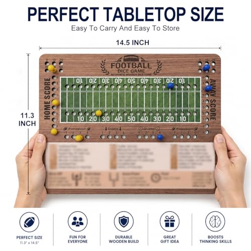 Football Dice Challenge, Premium Wooden Board Game with Scoring Tray, Competitive Sports Themed Dice Game with 20 Pawns and 3 Dice, Portable Travel Set for 2-5 Players