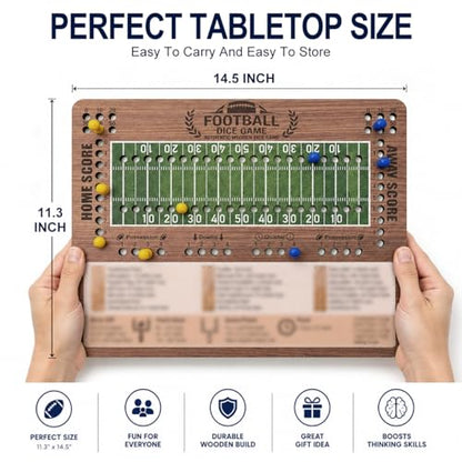 Football Dice Challenge, Premium Wooden Board Game with Scoring Tray, Competitive Sports Themed Dice Game with 20 Pawns and 3 Dice, Portable Travel Set for 2-5 Players