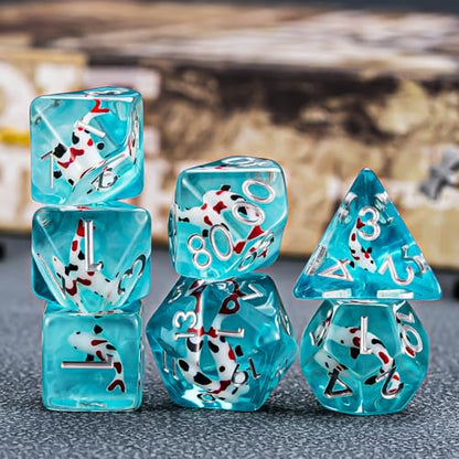 Fish/Animal Resin D&D Dice Set, 7pcs Polyhedral Dice (D4, D6, D8, D10, D12, D20, D%) for Dungeons and Dragons, RPG, MTG, Role Playing Games - color: Black and Red Fish