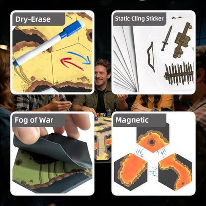 Modular Magnetic Locking DND Map Tiles for Dungeons & Dragons Game | Double-Sided | Fog of War | Dry-Erase | Static Cling Stickers - Magma - style: Magma