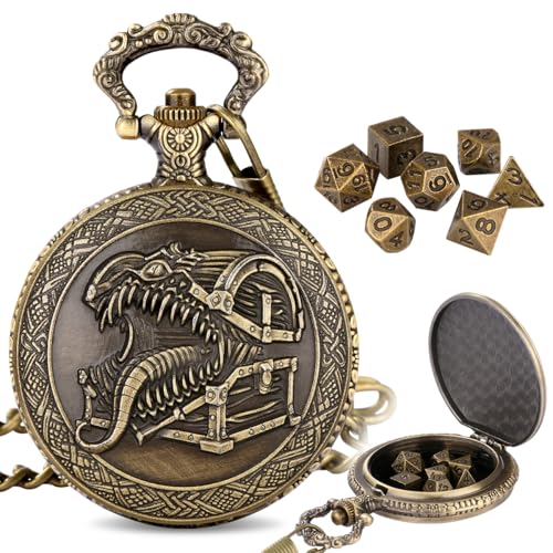 GEAoffice DND Dice Set with Vintage Monster Chest Pocket Watch Case, Solid Metal Tiny Dice for Tabletop Role Playing Games, Fantasy RPG Gaming & Math Games, Unique DND Gift for Men/Women - color: Antique Bronze Monster Chest