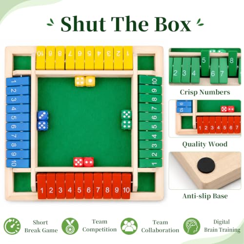 Shut The Box Game - Classic 2-4 Player Fun Math Strategy Game for Adults Teens, Wooden Dice Board Game for Family Party, Classroom, Camping, Travel & Bar