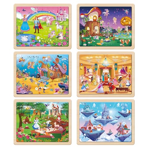 SYNARRY Unicorn Mermaid Princess Fairy Wooden Puzzles for Kids Ages 4-6, 6 Packs 60 PCs Jigsaw Puzzles for Kids Ages 4-8, Preschool Toys Gifts for Toddlers 3-5, Wood Puzzles for 3 4 5 6 Year Old Girls - style: Fantasy