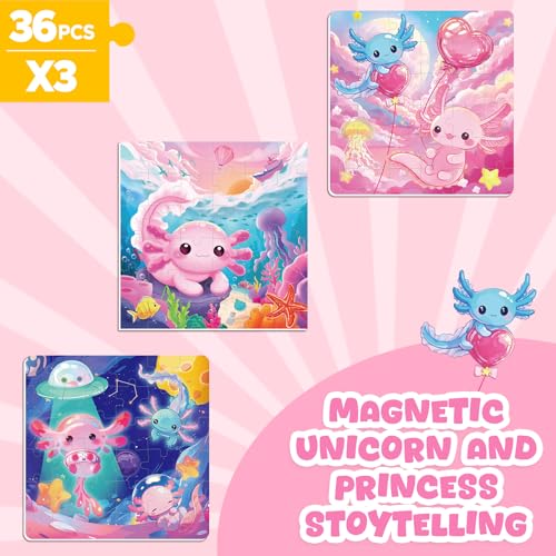 Magnetic Jigsaw Puzzles for Toddlers Kids 3-8 Girls,(3 36-Pieces) Travel Puzzles Toys for Kids Ages 4-6,Take-Along Car Airplane Road Trip Activities Game for 3 4 5 6 7 8 Year Old Birthday Gift,Axolotl - style: Axolotl
