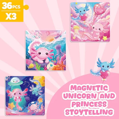 Magnetic Jigsaw Puzzles for Toddlers Kids 3-8 Girls,(3 36-Pieces) Travel Puzzles Toys for Kids Ages 4-6,Take-Along Car Airplane Road Trip Activities Game for 3 4 5 6 7 8 Year Old Birthday Gift,Axolotl - style: Axolotl