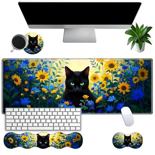 Large Gaming Mouse Pad Set with Wrist Support – 31.5" x 11.8" 4-in-1 XXL Mousepad with Keyboard Wrist Rest, Mouse Wrist Rest & Coaster – Ergonomic Desk Mat for Office, Home – Black Cat Flower - color: Black Cat Flower