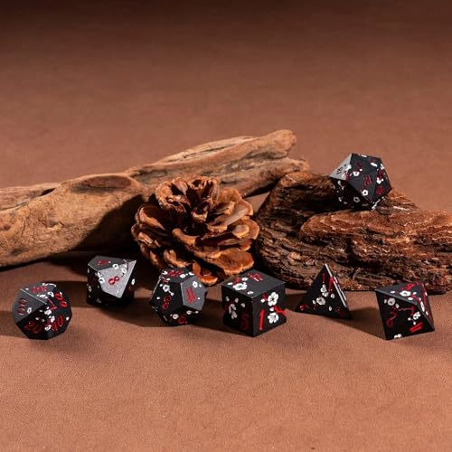UDIXI Metal Dice Set D&D, 7PCS Flower Metal DND Dice Set Black for RPG | White Flower, Metal Case Packaging, Heavy Metal Dice, D&D Gift, for Dungeons and Dragons Role Playing Games Tabletop Games - color: Black-red