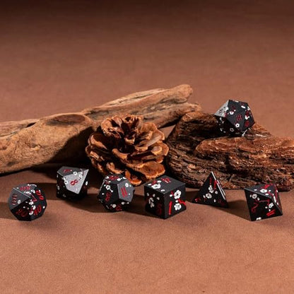 UDIXI Metal Dice Set D&D, 7PCS Flower Metal DND Dice Set Black for RPG | White Flower, Metal Case Packaging, Heavy Metal Dice, D&D Gift, for Dungeons and Dragons Role Playing Games Tabletop Games - color: Black-red
