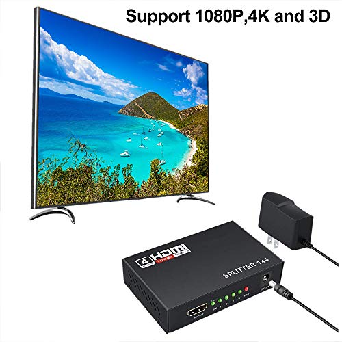 HDMI Splitter 1 in 4 Out -4K Hdmi Splitter 1x4 Ports v1.4 Powered | 4 Way HDMI Splitter, Powered HDMI Splitter 4K/2K Full Ultra HD 1080p 3D Support